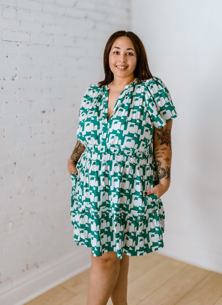 Green and white patterned Somerset mini dress from Anthropologie shown unstyled