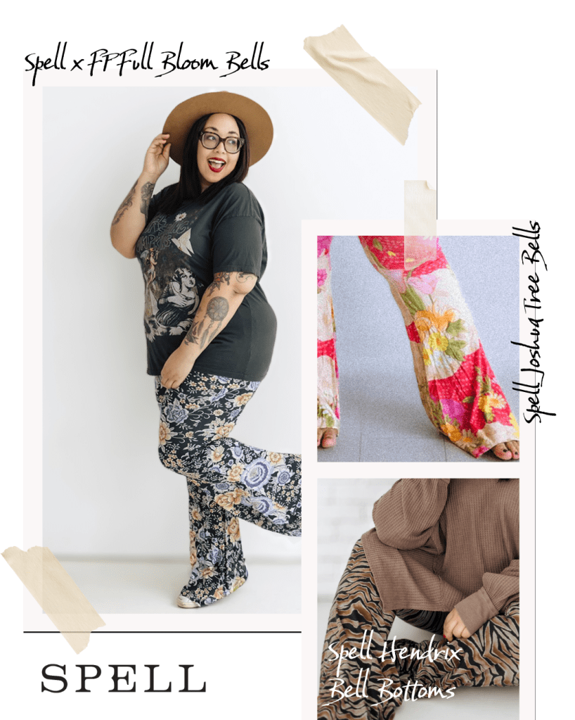 Three Spell bell bottoms in varied bohemian prints with flared legs.